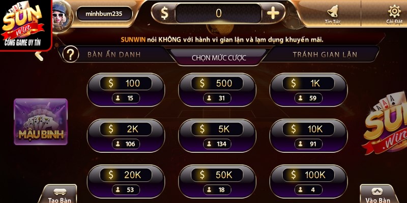 Sun Win cung cấp hàng loạt các trò chơi bài phổ biến